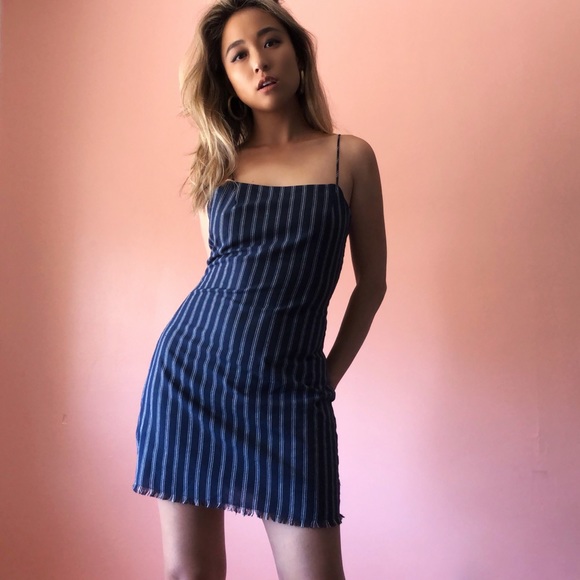 navy and white vertical striped dress